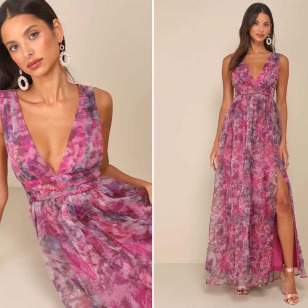 LULU's Floral Sexy Flowy Prom Wedding Chic Magenta Maxi Dress NWOT
